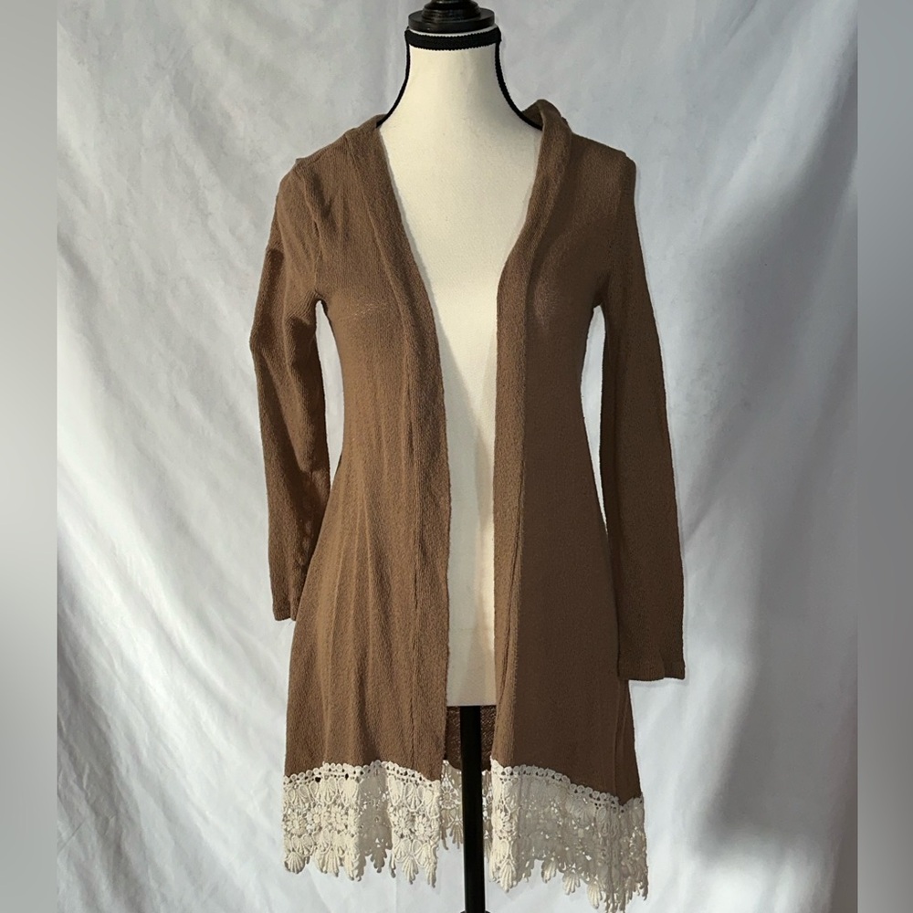 Umgee • Brown Open Front Cardigan With White Lace Trim • Women’s Size S